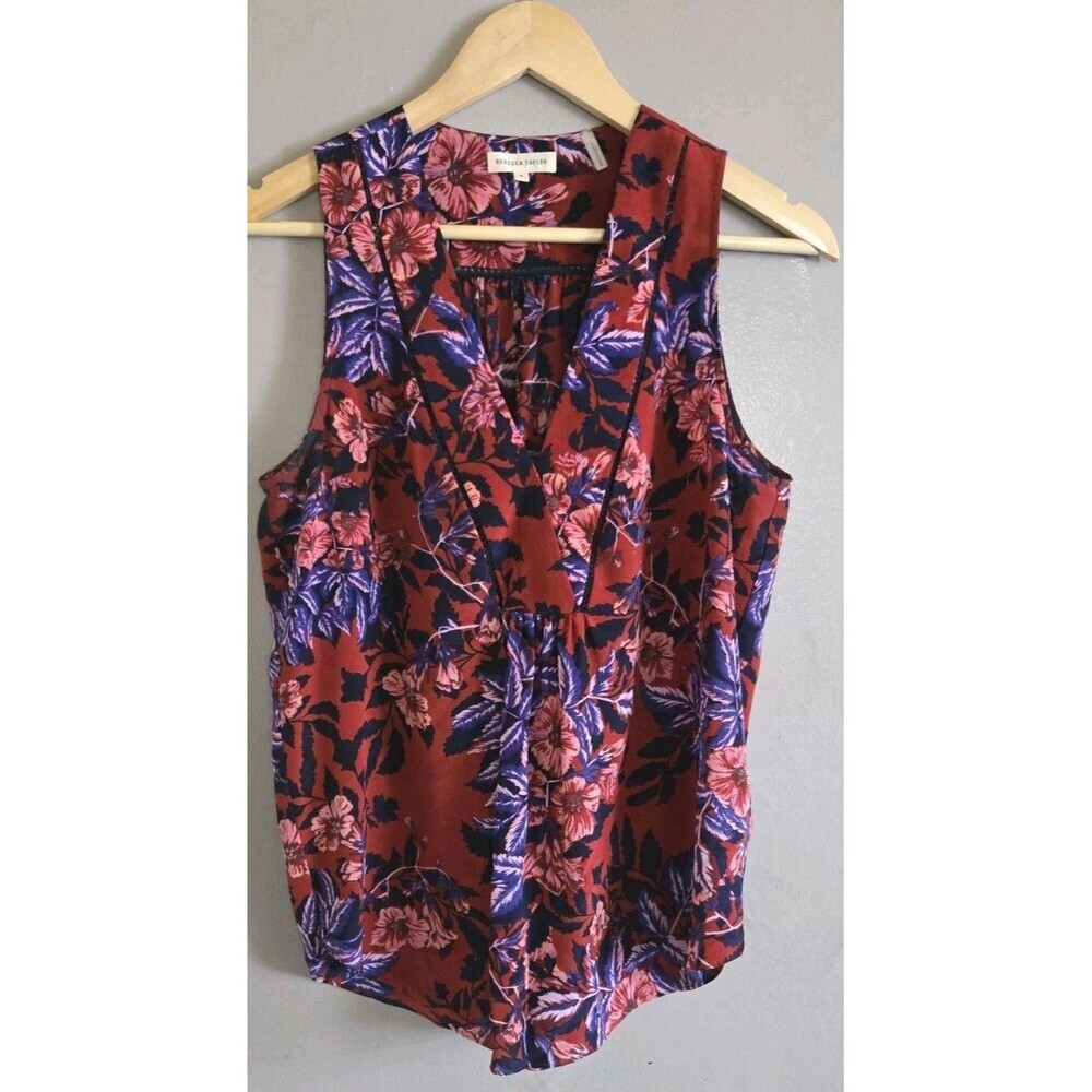 Rebecca Taylor 100% Silk Burnt Red Forest of Flame Blouse V-Neck  Size 8 - Picture 2 of 9